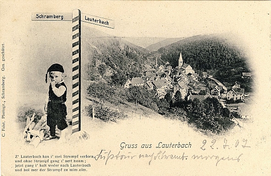 Abbildung Liedpostkarte 'Zu Lauterbach hab i mein Strumpf verloren' Abbildung Liedpostkarte 'Zu Lauterbach hab i mein Strumpf verloren'