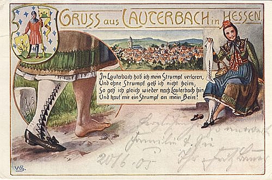 Abbildung Liedpostkarte 'Zu Lauterbach hab i mein Strumpf verloren'