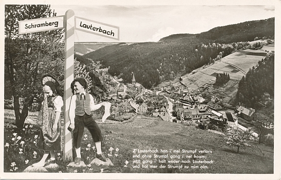 Abbildung Liedpostkarte 'Zu Lauterbach hab i mein Strumpf verloren'