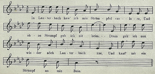 Abbildung Liedpostkarte - Textausschnitt 'Zu Lauterbach hab i mein Strumpf verloren'